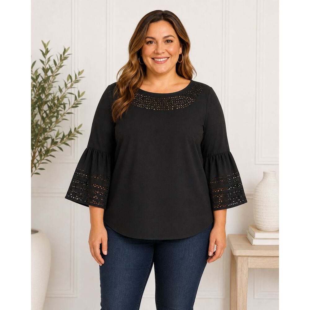 Lauren Ralph Lauren Blouse 3X Black Laser Cut Bell Sleeve Boho Plus Size Top